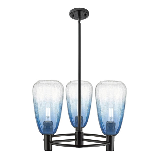 Innovations Brookhaven Almond 20in 3-Light Pendant | Industrial Matte Black and Sapphire Blue Glass | Kitchen Island | Model 434-3CR-BK-G480-6SB