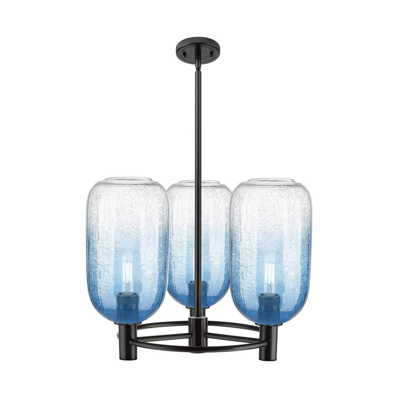 Innovations Brookhaven Cloche 21in 3-Light Pendant | Industrial Matte Black and Sapphire Blue Glass | Kitchen Island | Model 434-3CR-BK-G482-7SB