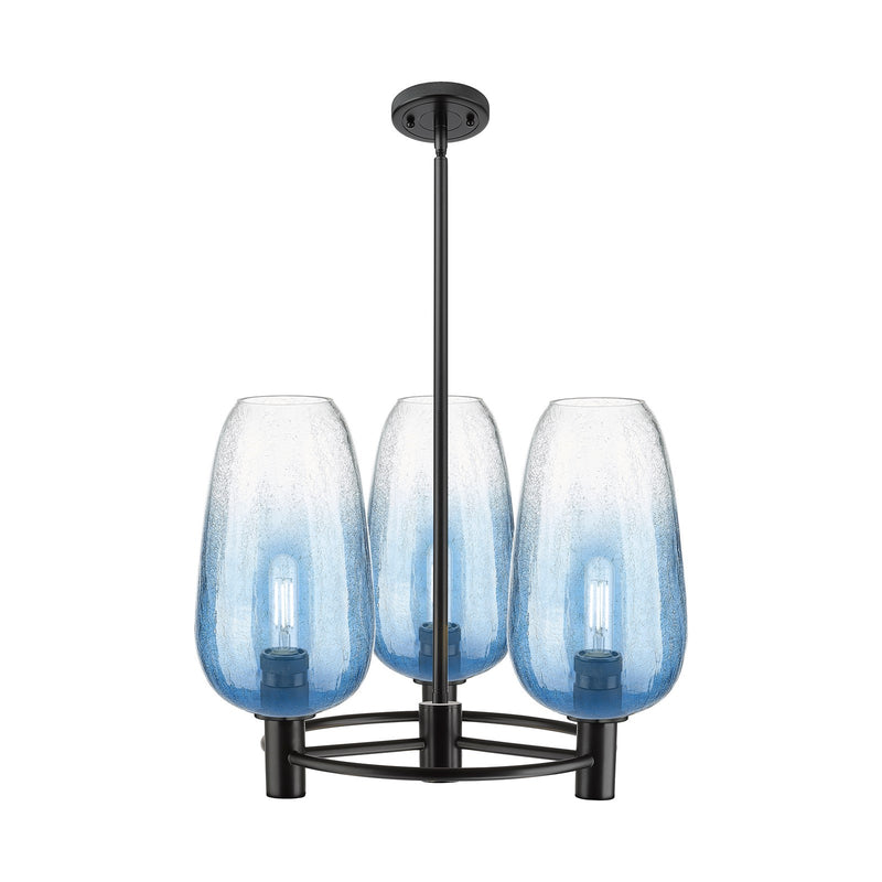 Innovations Brookhaven Flute 21in 3-Light Pendant | Industrial Matte Black and Sapphire Blue Glass | Kitchen Island | Model 434-3CR-BK-G484-7SB