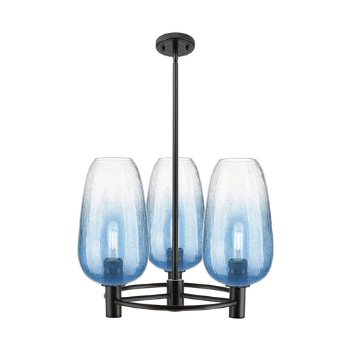 Innovations Brookhaven Flute 21in 3-Light Pendant | Industrial Matte Black and Sapphire Blue Glass | Kitchen Island | Model 434-3CR-BK-G484-7SB