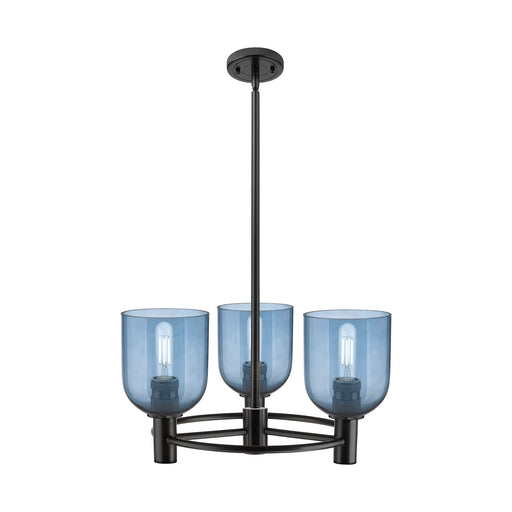 Innovations Bella 19in 3-Light Pendant | Industrial Matte Black and Blue Glass | Kitchen Island & Dining Room | Model 434-3CR-BK-G558-6BL
