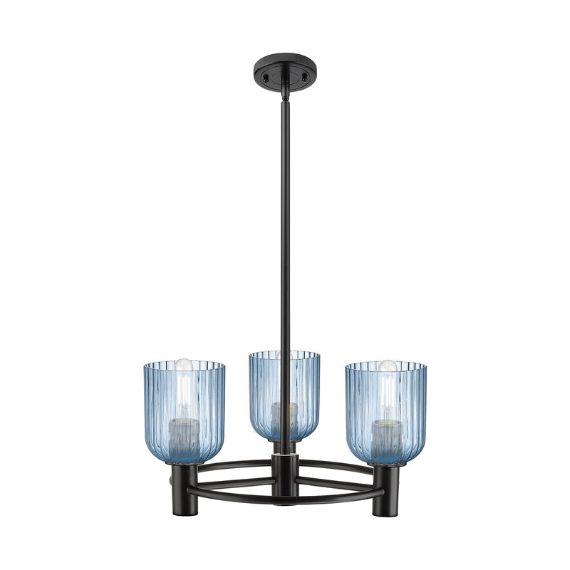 Innovations Crown Point 19in 3-Light Pendant | Industrial Matte Black and Princess Blue Glass | Kitchen Island & Dining | Model 434-3CR-BK-G559-5BL