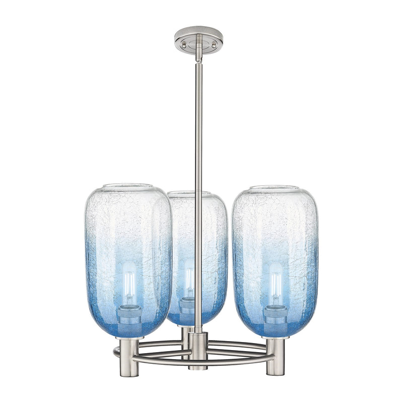 Innovations Brookhaven Cloche 21in 3-Light Pendant | Industrial Satin Nickel and Sapphire Blue Glass | Kitchen Island | Model 434-3CR-SN-G482-7SB