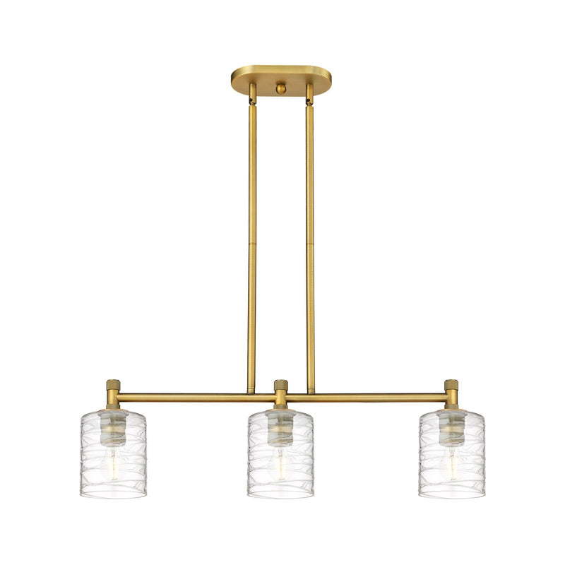 Innovations Cobbleskill 32in 3-Light Island Light | Industrial Brushed Brass and Deco Swirl Glass | Kitchen Island & Dining | Model 434-3I-BB-G1113