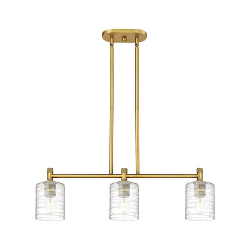 Innovations Cobbleskill 32in 3-Light Island Light | Industrial Brushed Brass and Deco Swirl Glass | Kitchen Island & Dining | Model 434-3I-BB-G1113