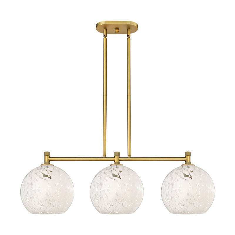 Innovations 37in 3-Light Island Light | Industrial Brushed Brass and White Mouchette Glass | Kitchen Island & Dining | Model 434-3I-BB-G1216-10WM