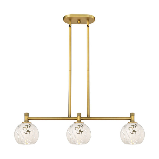 Innovations White Mouchette 33in 3-Light Island Light | Industrial Brushed Brass and White Mouchette Glass | Kitchen | Model 434-3I-BB-G1216-6WM