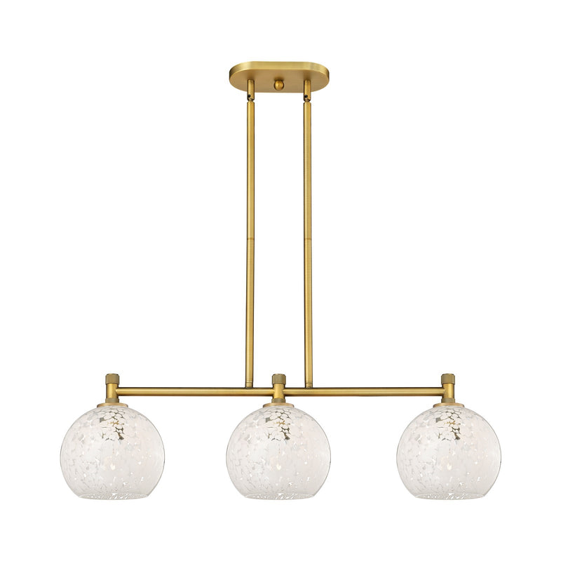 Innovations White Mouchette 35in 3-Light Island Light | Industrial Brushed Brass and White Mouchette Glass | Kitchen | Model 434-3I-BB-G1216-8WM