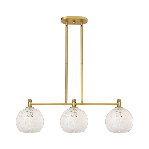 Innovations White Mouchette 35in 3-Light Island Light | Industrial Brushed Brass and White Mouchette Glass | Kitchen | Model 434-3I-BB-G1216-8WM
