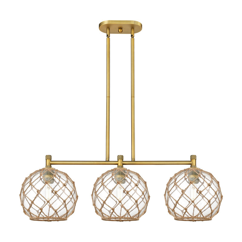 Innovations Farmhouse Rope 37in 3-Light Island Light | Industrial Brushed Brass and Clear Glass Brown Rope | Kitchen | Model 434-3I-BB-G122-10RB