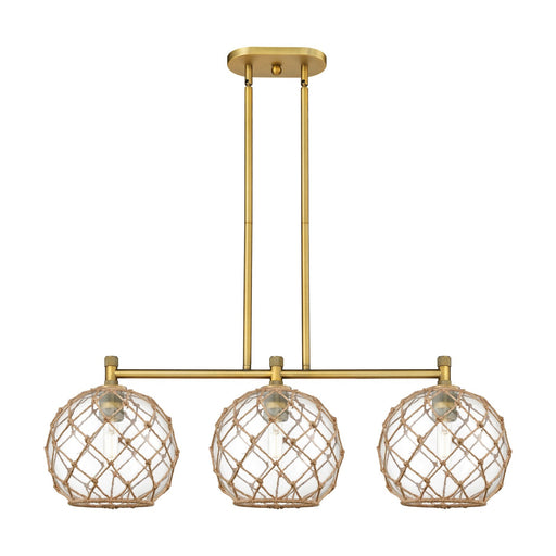 Innovations Farmhouse Rope 37in 3-Light Island Light | Industrial Brushed Brass and Clear Glass Brown Rope | Kitchen | Model 434-3I-BB-G122-10RB