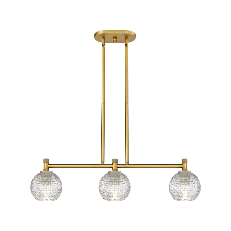 Innovations Athens 33in 3-Light Island Light | Industrial Brushed Brass and Clear Basket Weave Glass | Kitchen Island | Model 434-3I-BB-G122C-6CL