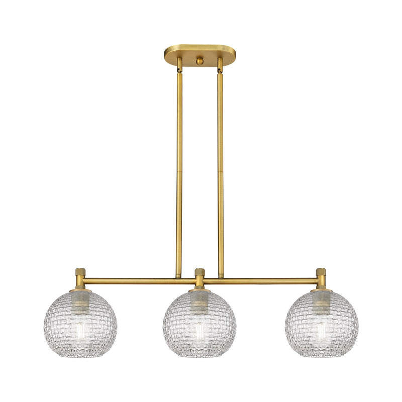 Innovations Athens 35in 3-Light Island Light | Industrial Brushed Brass and Clear Basket Weave Glass | Kitchen Island | Model 434-3I-BB-G122C-8CL