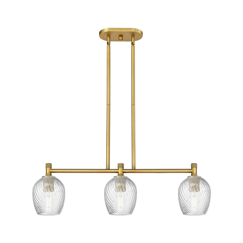 Innovations Salina 33in 3-Light Island Light | Industrial Brushed Brass and Clear Spiral Fluted Glass | Kitchen Island | Model 434-3I-BB-G292