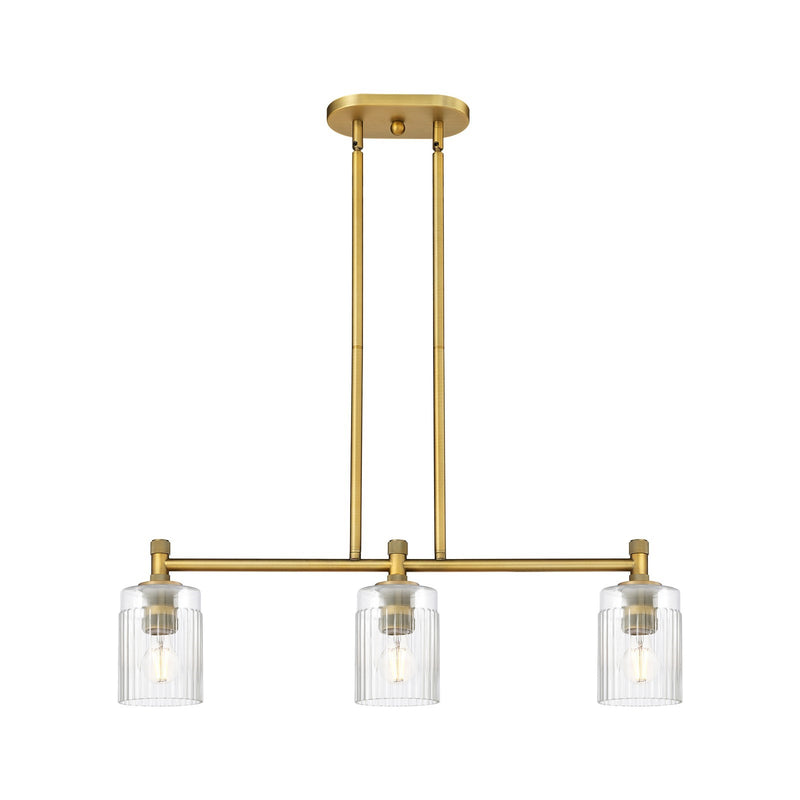 Innovations Hadley 31in 3-Light Island Light | Industrial Brushed Brass and Clear Ribbed Glass | Kitchen Island & Dining Room | Model 434-3I-BB-G342