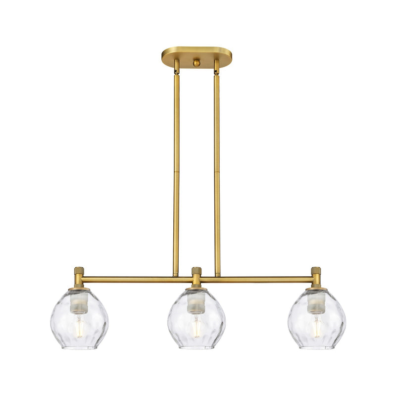 Innovations Waverly 33in 3-Light Island Light | Industrial Brushed Brass and Clear Globe Glass | Kitchen Island & Dining Room | Model 434-3I-BB-G362