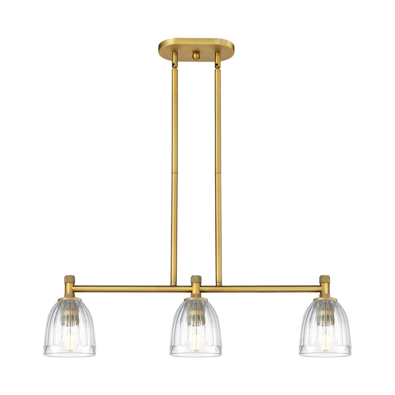 Innovations Brookfield 32.75in 3-Light Island Light | Industrial Brushed Brass and Clear Glass | Kitchen Island & Dining Room | Model 434-3I-BB-G442