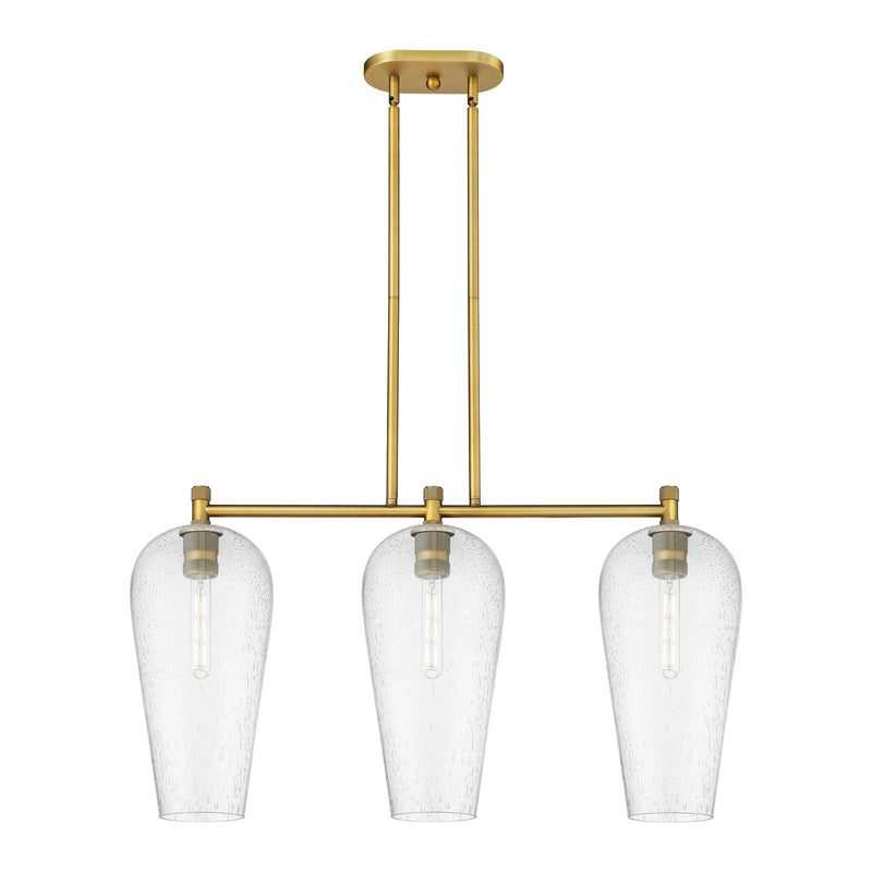 Innovations Chelsea 35in 3-Light Island | Industrial Brushed Brass and Seedy Glass | Kitchen Island & Dining Room | Model 434-3I-BB-G456-8SDY