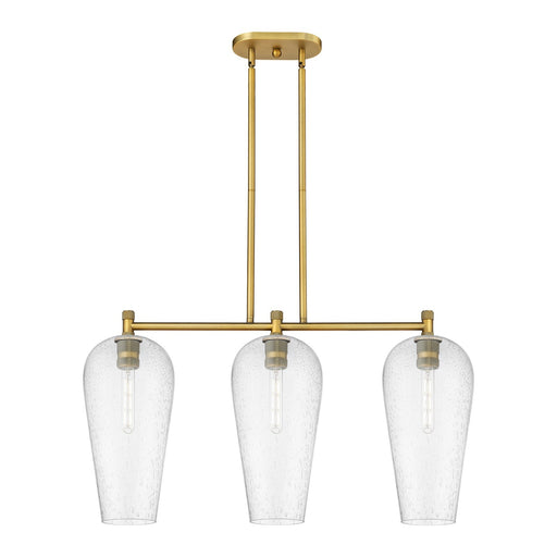 Innovations Chelsea 35in 3-Light Island | Industrial Brushed Brass and Seedy Glass | Kitchen Island & Dining Room | Model 434-3I-BB-G456-8SDY