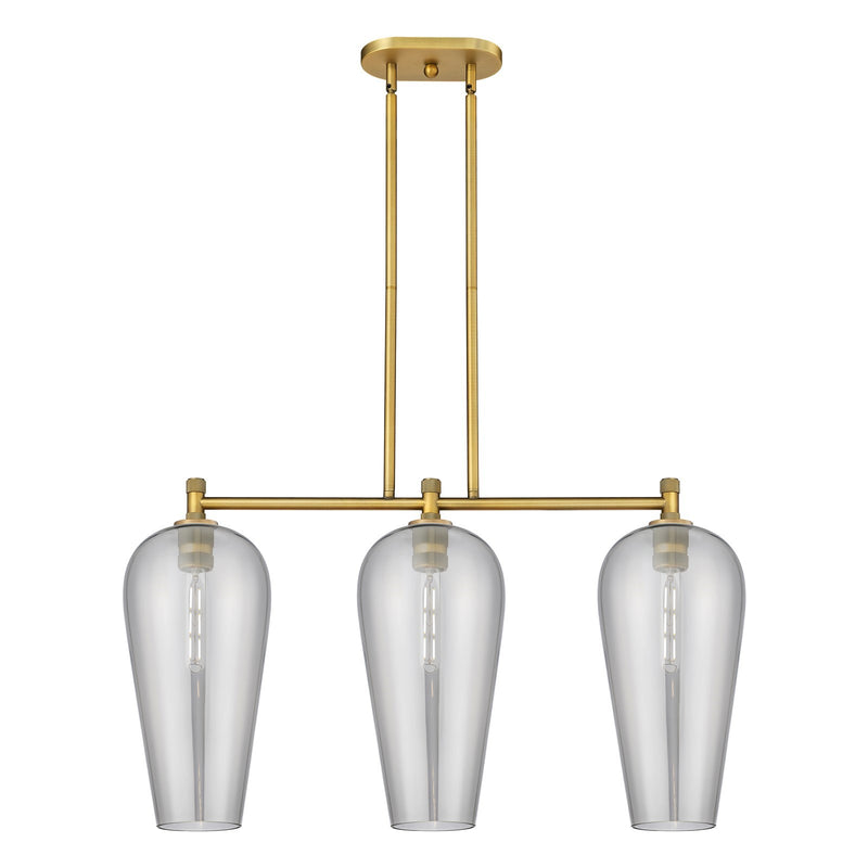 Innovations Chelsea 35in 3-Light Island | Industrial Brushed Brass and Light Smoke Glass | Kitchen Island & Dining Room | Model 434-3I-BB-G456-8SM