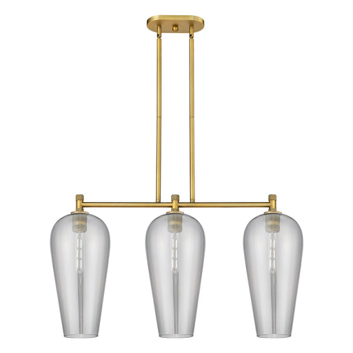 Innovations Chelsea 35in 3-Light Island | Industrial Brushed Brass and Light Smoke Glass | Kitchen Island & Dining Room | Model 434-3I-BB-G456-8SM
