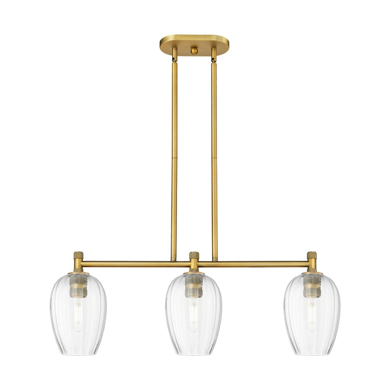 Innovations Preston Flute 33in 3-Light Island | Industrial Brushed Brass and Clear Glass | Kitchen Island & Dining Room | Model 434-3I-BB-G457-6CL