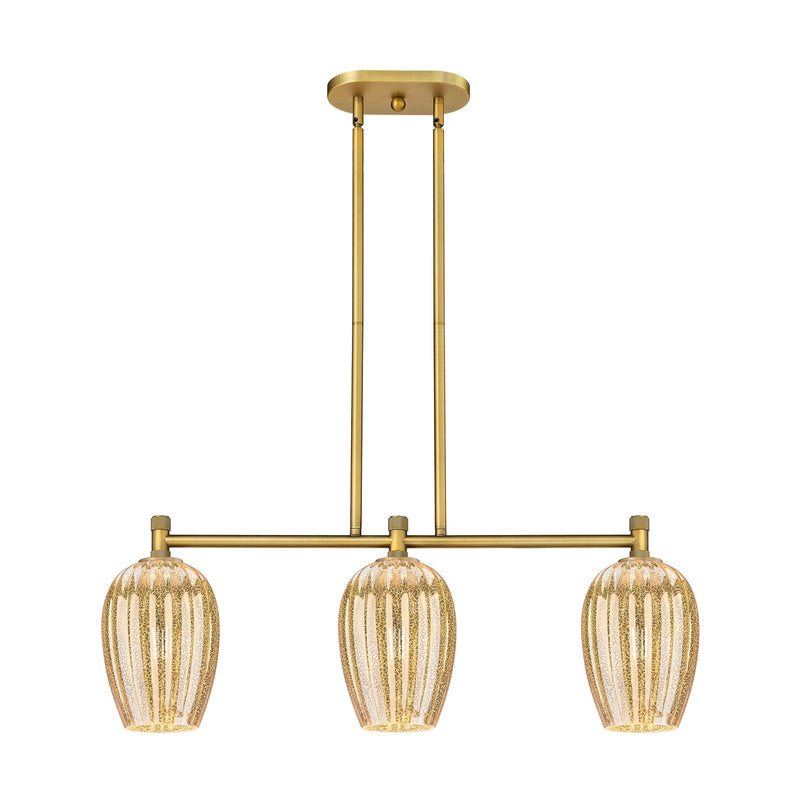 Innovations Preston Flute 33in 3-Light Island | Industrial Brushed Brass and Mercury Glass | Kitchen Island & Dining Room | Model 434-3I-BB-G457-6ME