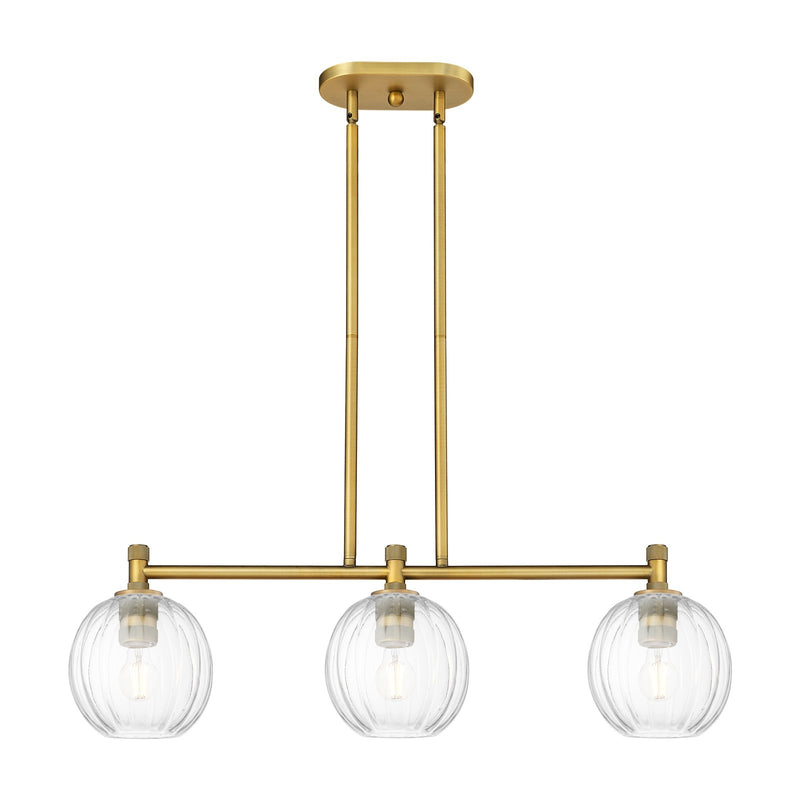 Innovations Preston Globe 34in 3-Light Island | Industrial Brushed Brass and Clear Glass | Kitchen Island & Dining Room | Model 434-3I-BB-G458-7CL