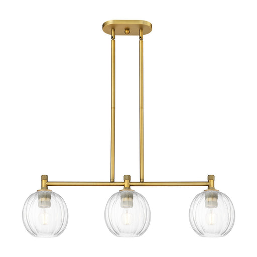 Innovations Preston Globe 34in 3-Light Island | Industrial Brushed Brass and Clear Glass | Kitchen Island & Dining Room | Model 434-3I-BB-G458-7CL