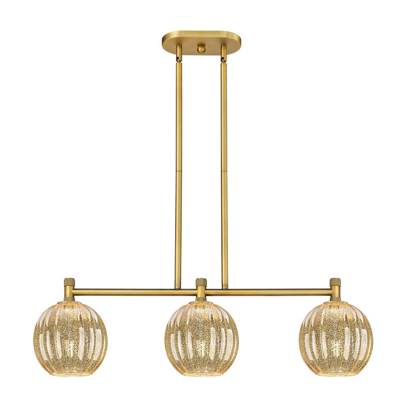 Innovations Preston Globe 34in 3-Light Island | Industrial Brushed Brass and Mercury Glass | Kitchen Island & Dining Room | Model 434-3I-BB-G458-7ME