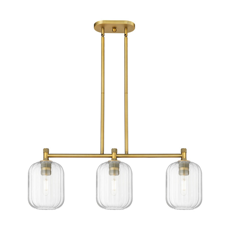 Innovations Preston Cylinder 34in 3-Light Island | Industrial Brushed Brass and Clear Glass | Kitchen Island & Dining Room | Model 434-3I-BB-G460-7CL