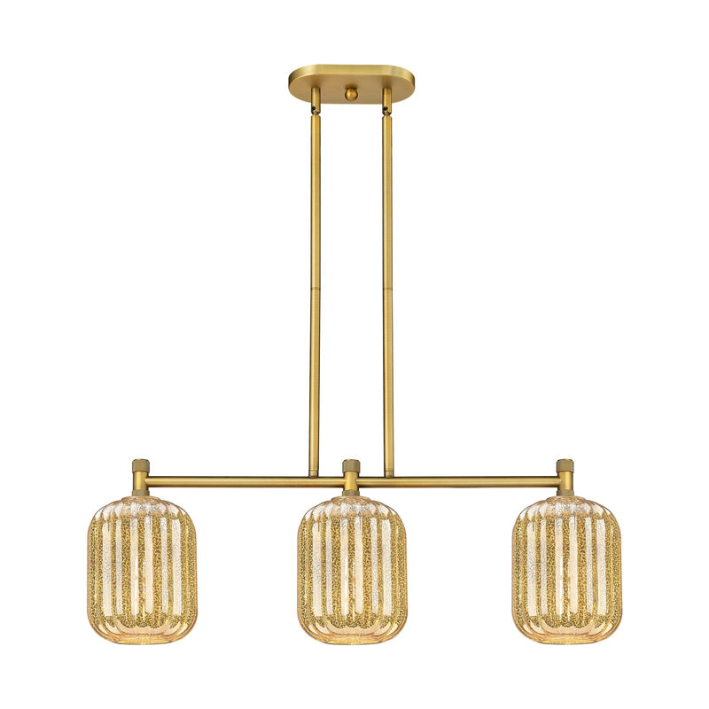 Innovations Preston Cylinder 34in 3-Light Island | Industrial Brushed Brass and Mercury Glass | Kitchen Island & Dining | Model 434-3I-BB-G460-7ME