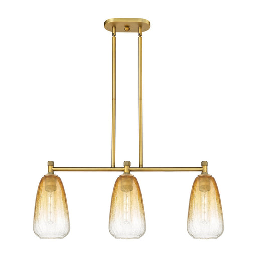 Innovations Brookhaven Almond 33in 3-Light Island | Industrial Brushed Brass and Amber Glass | Kitchen Island & Dining | Model 434-3I-BB-G480-6AM