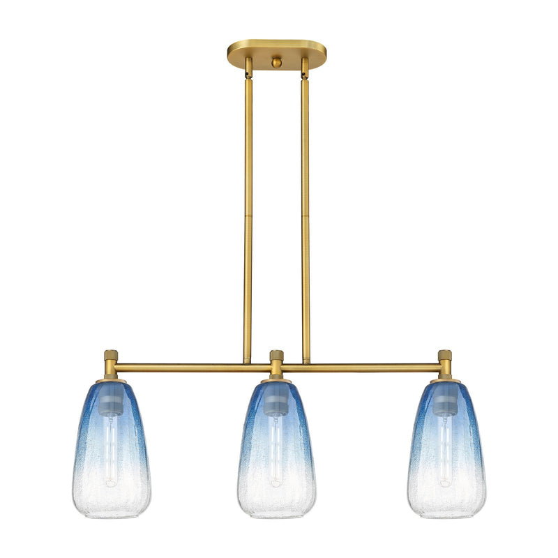 Innovations Brookhaven Almond 33in 3-Light Island | Industrial Brushed Brass and Sapphire Blue Glass | Kitchen Island | Model 434-3I-BB-G480-6SB