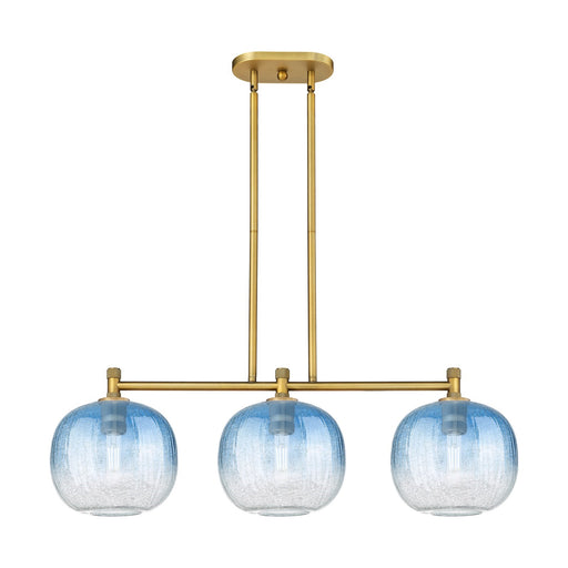 Innovations Brookhaven Sphere 37in 3-Light Island Light | Industrial Brushed Brass and Sapphire Blue Glass | Kitchen | Model 434-3I-BB-G481-10SB