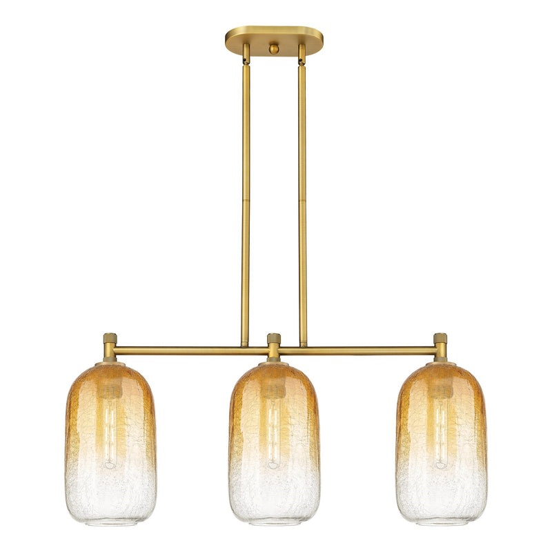 Innovations Brookhaven Cloche 34in 3-Light Island Light | Industrial Brushed Brass and Amber Glass | Kitchen Island | Model 434-3I-BB-G482-7AM