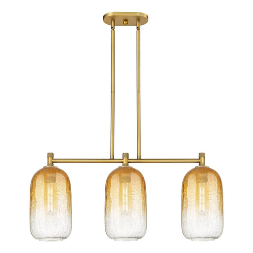 Innovations Brookhaven Cloche 34in 3-Light Island Light | Industrial Brushed Brass and Amber Glass | Kitchen Island | Model 434-3I-BB-G482-7AM