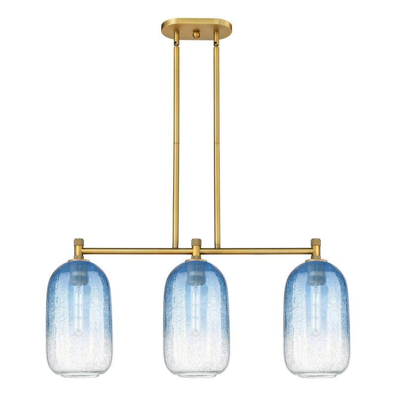 Innovations Brookhaven Cloche 34in 3-Light Island Light | Industrial Brushed Brass and Sapphire Blue Glass | Kitchen | Model 434-3I-BB-G482-7SB