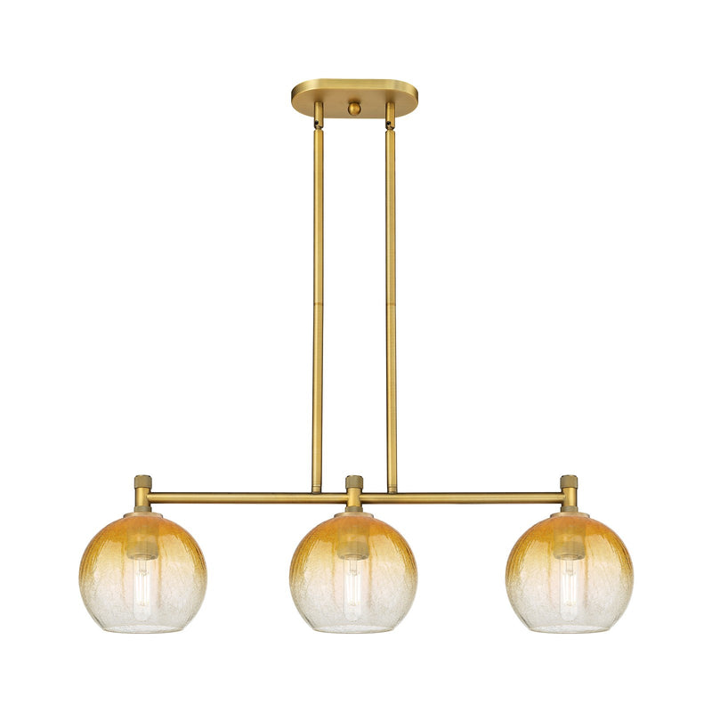 Innovations Brookhaven Globe 35in 3-Light Island Light | Industrial Brushed Brass and Amber Glass | Kitchen Island | Model 434-3I-BB-G483-8AM