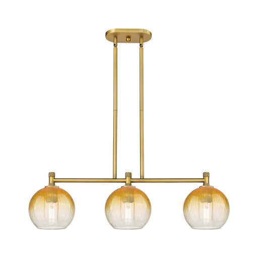 Innovations Brookhaven Globe 35in 3-Light Island Light | Industrial Brushed Brass and Amber Glass | Kitchen Island | Model 434-3I-BB-G483-8AM