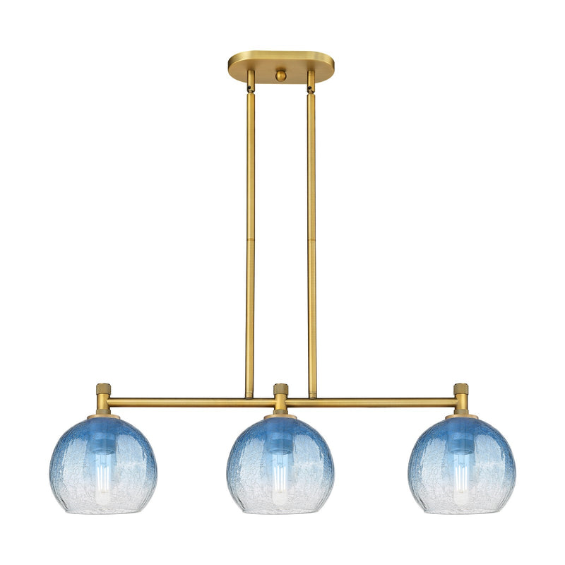 Innovations Brookhaven Globe 35in 3-Light Island Light | Industrial Brushed Brass and Sapphire Blue Glass | Kitchen Island | Model 434-3I-BB-G483-8SB