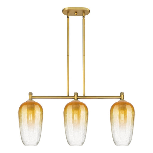Innovations Brookhaven Flute 34in 3-Light Island Light | Industrial Brushed Brass and Amber Glass | Kitchen Island | Model 434-3I-BB-G484-7AM