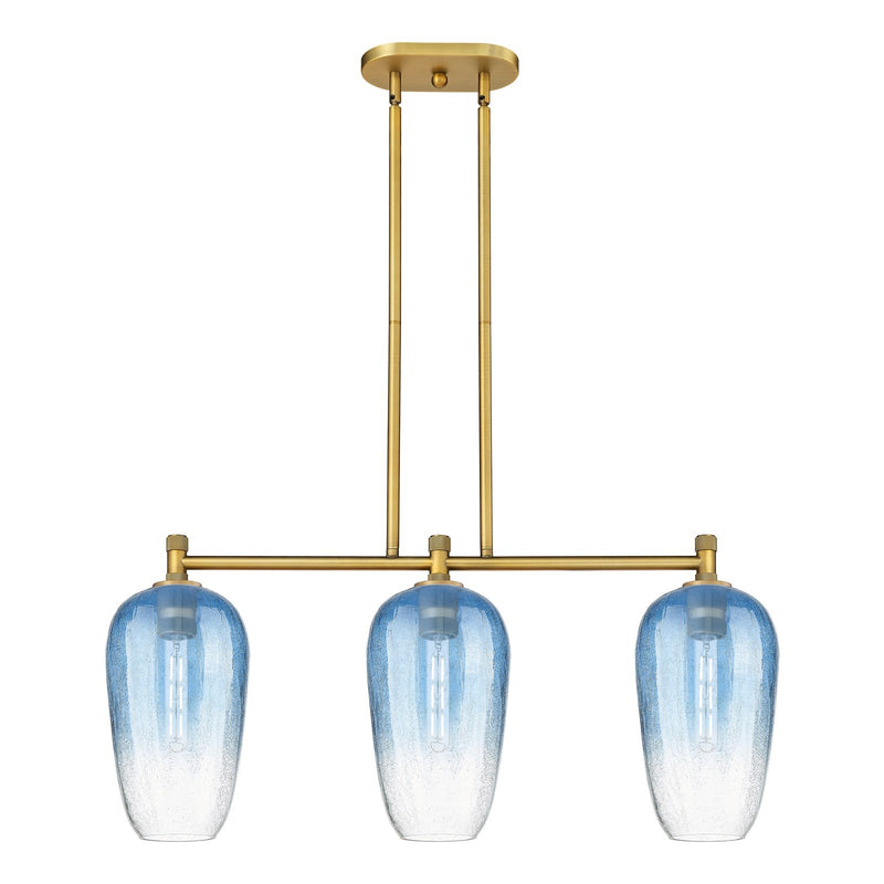 Innovations Brookhaven Flute 34in 3-Light Island Light | Industrial Brushed Brass and Sapphire Blue Glass | Kitchen Island | Model 434-3I-BB-G484-7SB