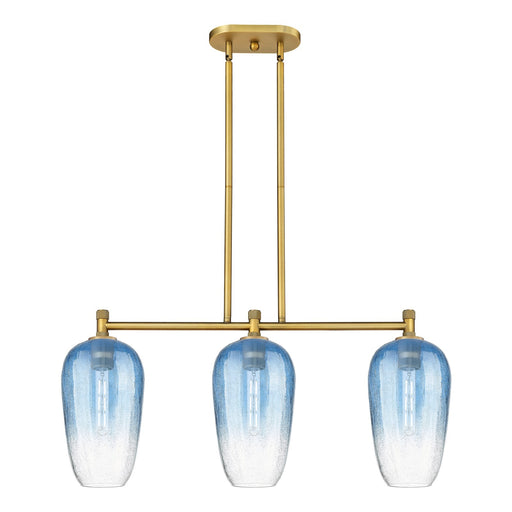 Innovations Brookhaven Flute 34in 3-Light Island Light | Industrial Brushed Brass and Sapphire Blue Glass | Kitchen Island | Model 434-3I-BB-G484-7SB