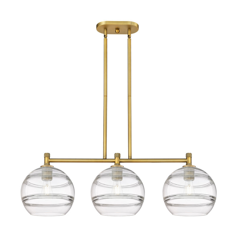 Innovations Rochester 37in 3-Light Island Light | Industrial Brushed Brass and Clear Glass | Kitchen Island & Dining Room | Model 434-3I-BB-G556-10CL