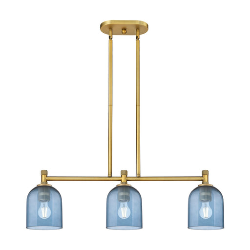 Innovations Bella 33in 3-Light Island | Industrial Brushed Brass and Blue Glass | Kitchen Island & Dining Room | Model 434-3I-BB-G558-6BL