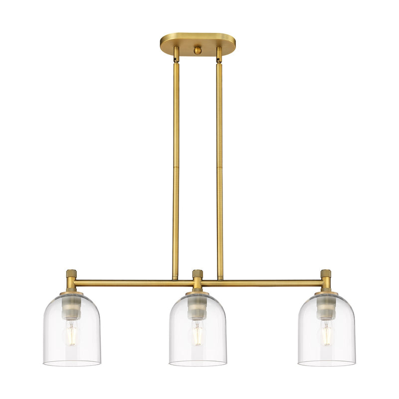 Innovations Bella 33in 3-Light Island | Industrial Brushed Brass and Clear Glass | Kitchen Island & Dining Room | Model 434-3I-BB-G558-6CL