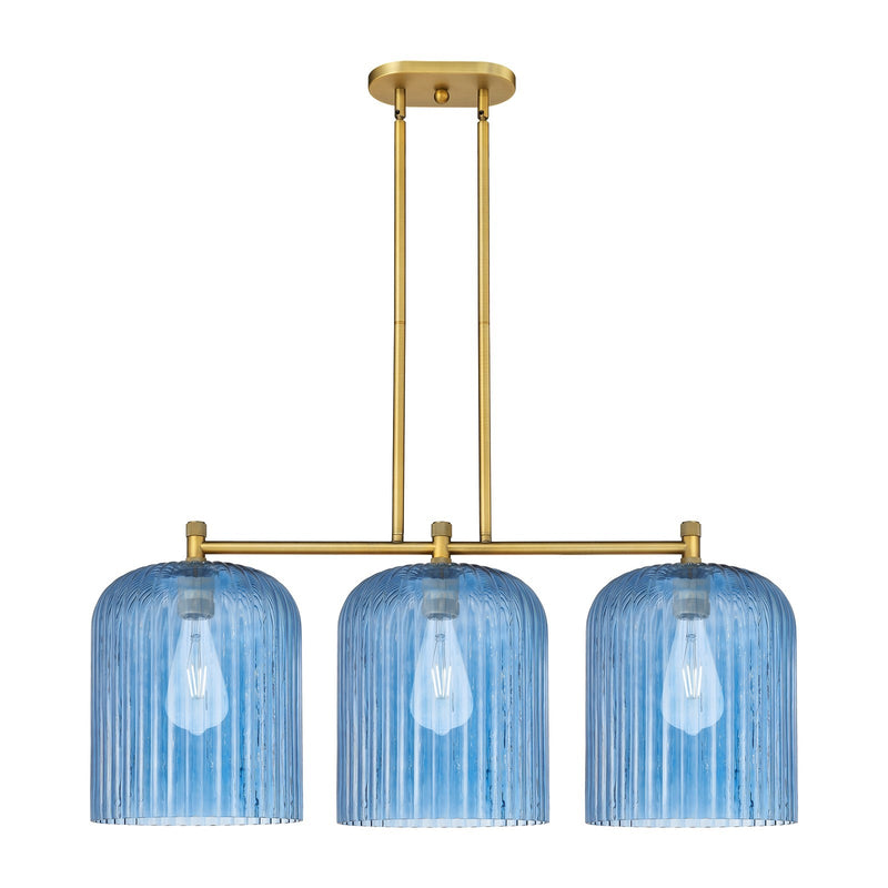 Innovations Crown Point 39in 3-Light Island Light | Industrial Brushed Brass and Princess Blue Glass | Kitchen Island | Model 434-3I-BB-G559-12BL