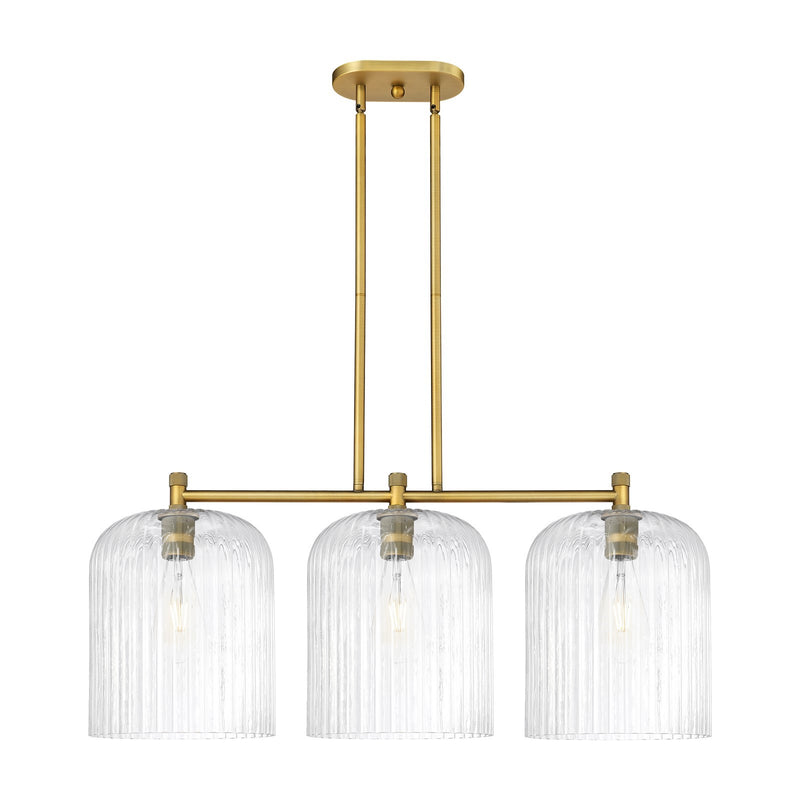 Innovations Crown Point 39in 3-Light Island Light | Industrial Brushed Brass and Clear Glass | Kitchen Island & Dining | Model 434-3I-BB-G559-12CL