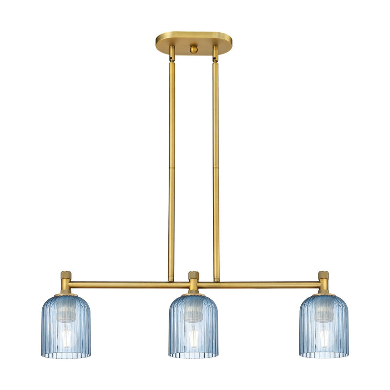 Innovations Crown Point 32in 3-Light Island | Industrial Brushed Brass and Princess Blue Glass | Kitchen Island & Dining | Model 434-3I-BB-G559-5BL